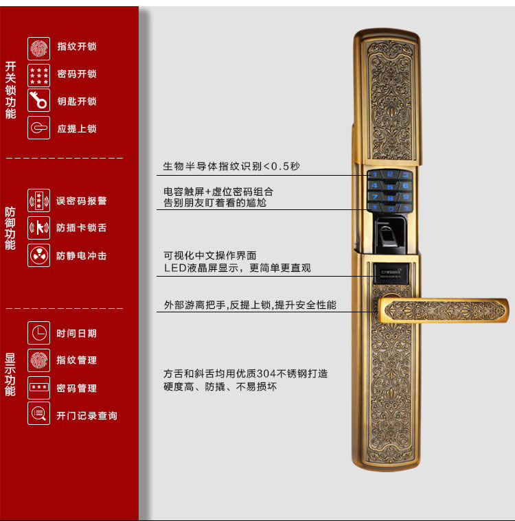 玉蛟龍智能門鎖 智能鎖防窺視輸入、半導(dǎo)體/光學(xué)指紋傳感器