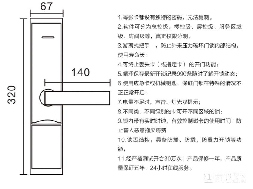佳因特酒店鎖亮金兩種開門方式、防火鎖體