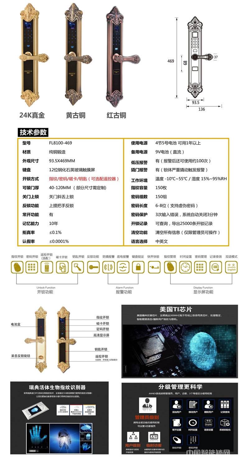 樸盾智能鎖 歐式別墅智能鎖 全銅鍛造指紋密碼鎖