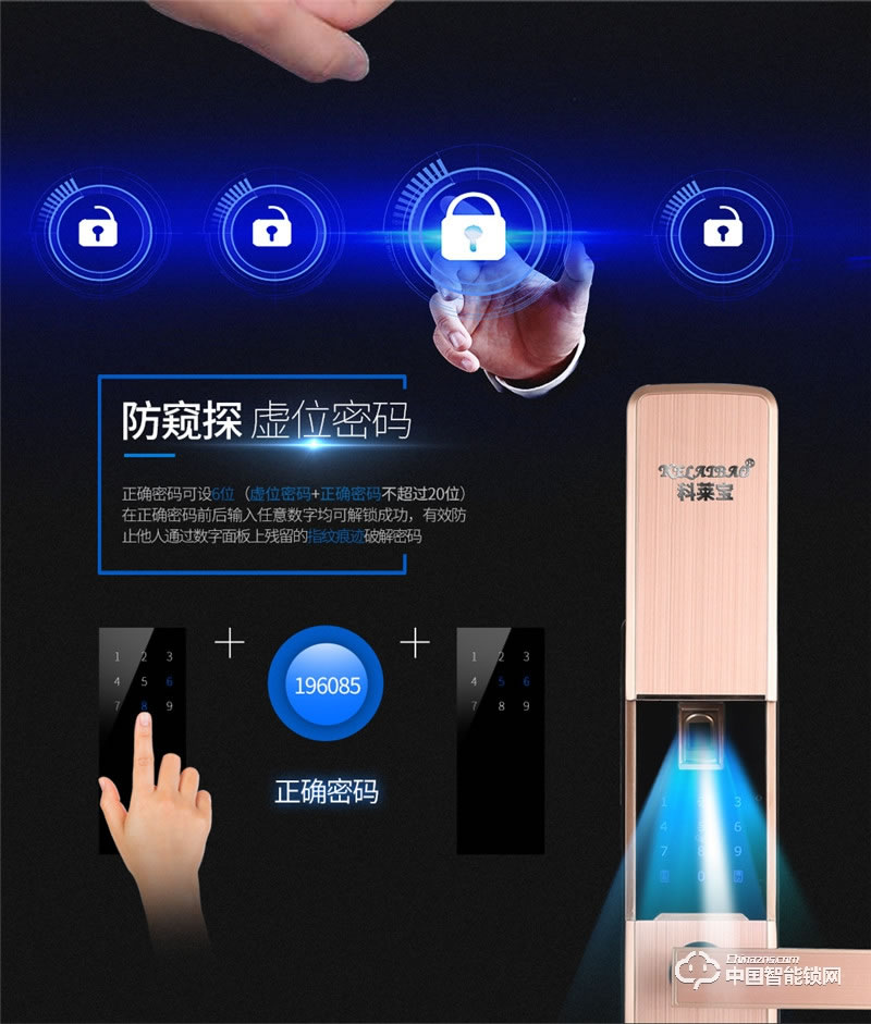 科萊寶 雙系統(tǒng)半導(dǎo)體指紋鎖 鋅合金玫瑰金色 KLB-9008