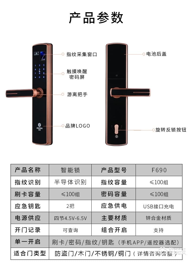 祖程智能鎖 家用防盜門指紋密碼刷卡鎖