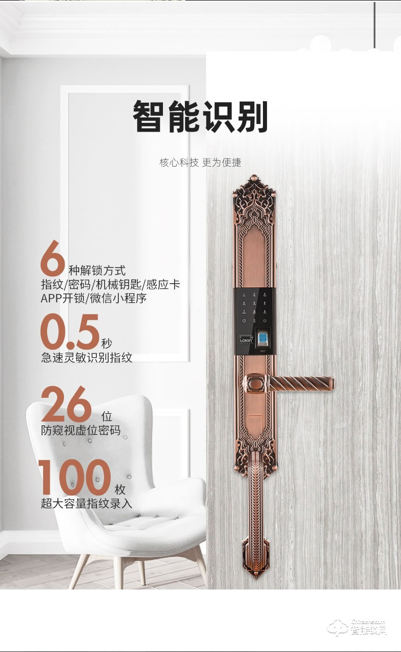 樂(lè)肯智能鎖 6609-L歐式古典大拉手智能門鎖