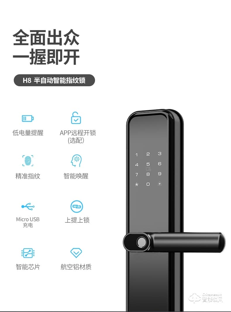 AOC智能鎖 H8一握開家用防盜門智能門鎖