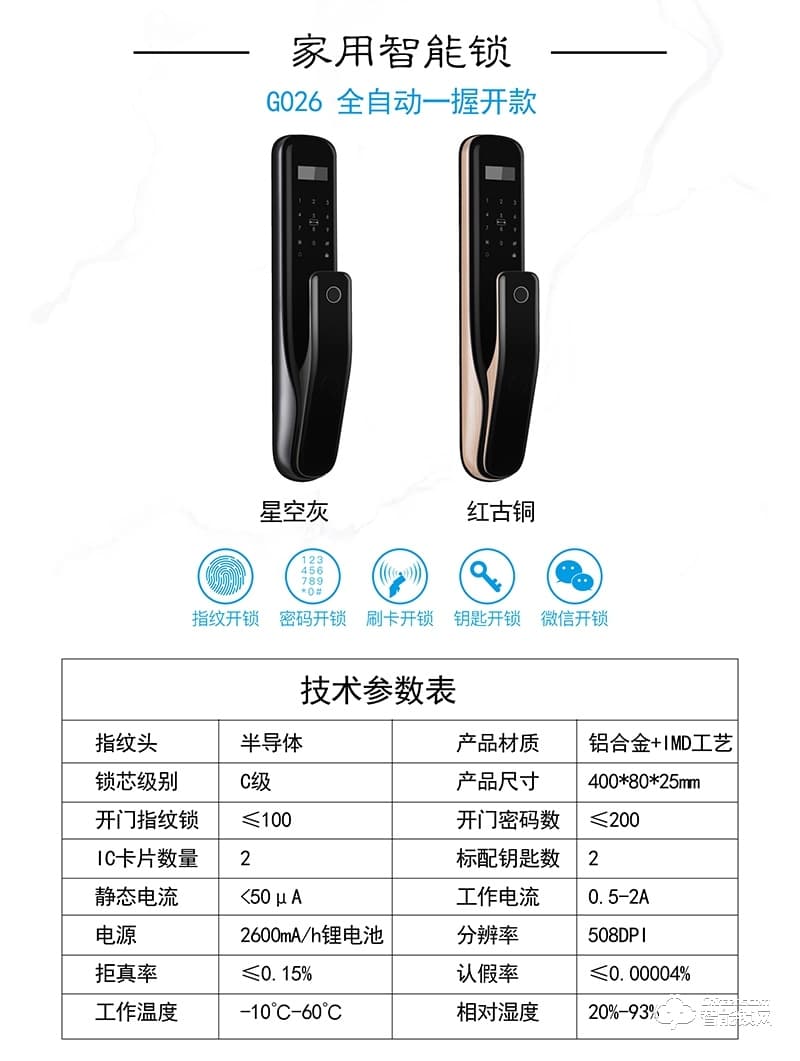 國青智能鎖 G026家用全自動一握開推拉式智能鎖