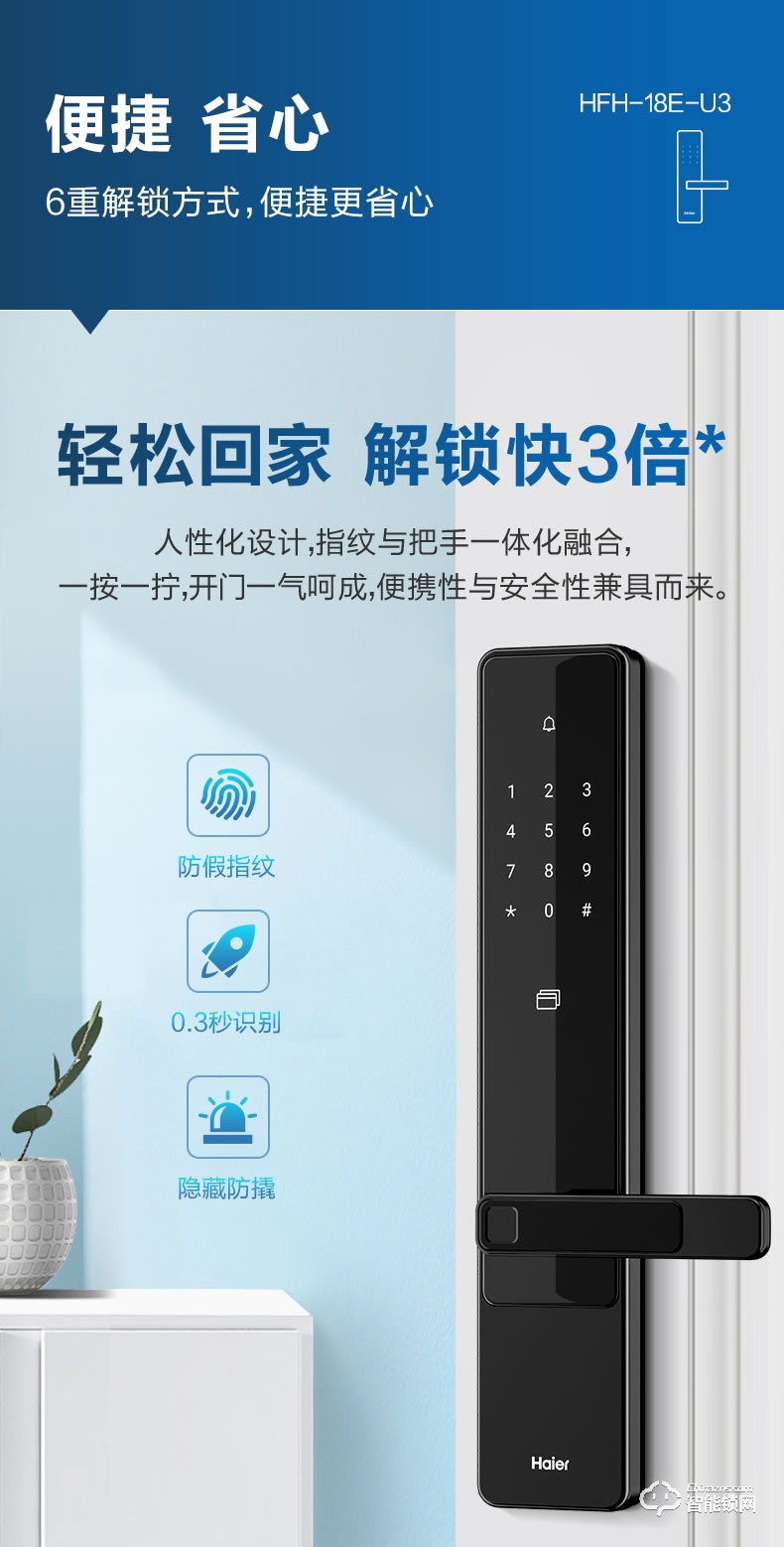 海爾智能鎖 E18直板式防盜門智能門鎖電子密碼鎖