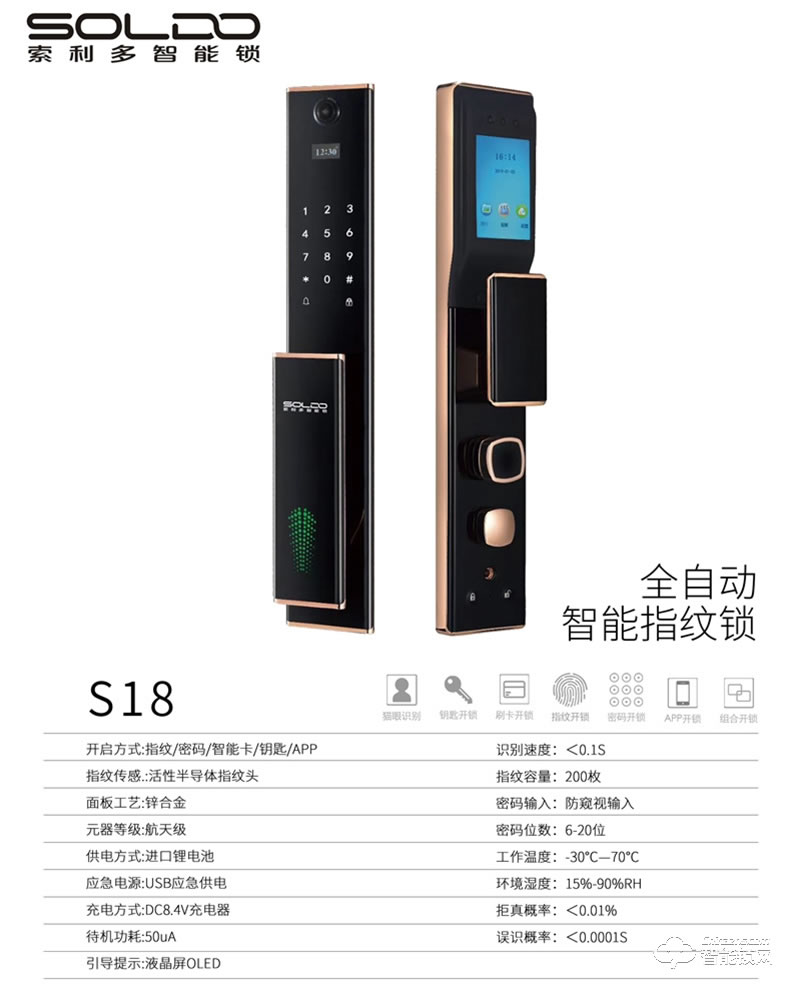 索利多智能鎖 S18全自動貓眼防盜門指紋鎖