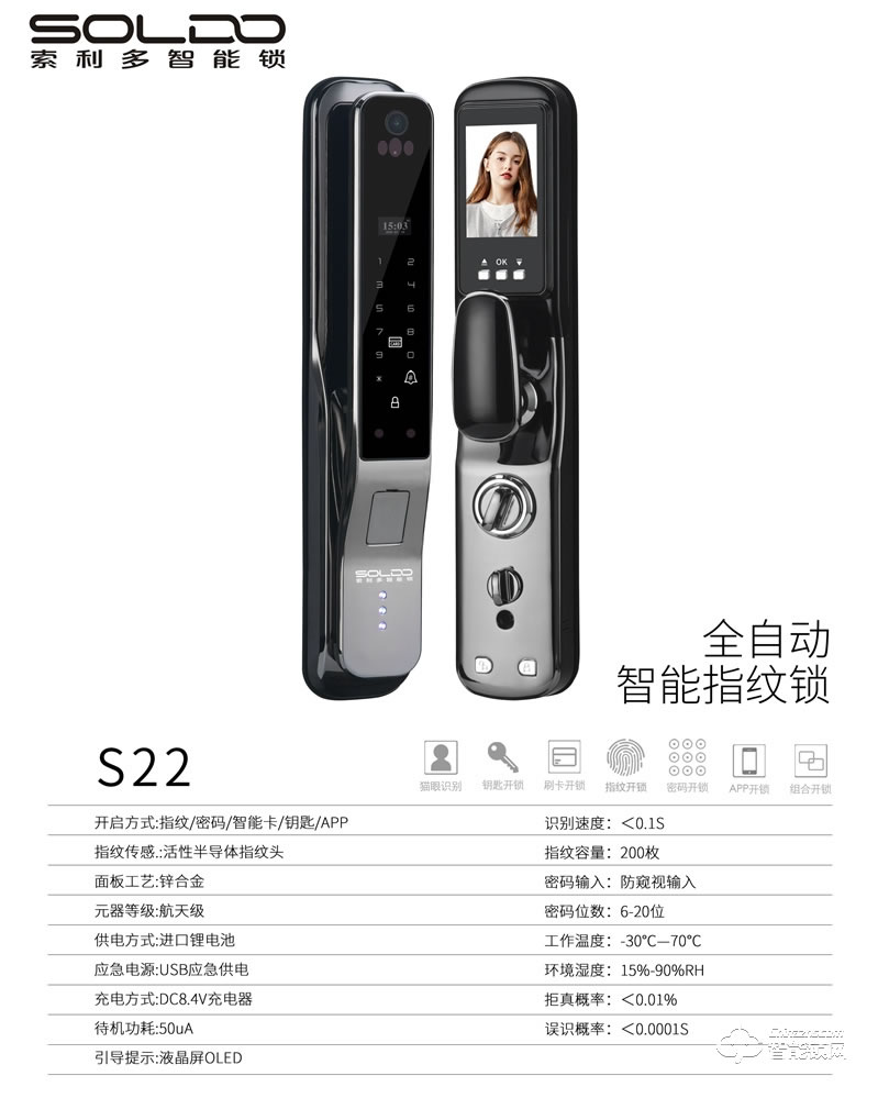 索利多智能鎖 S22（和天下）全自動(dòng)智能貓眼智能鎖