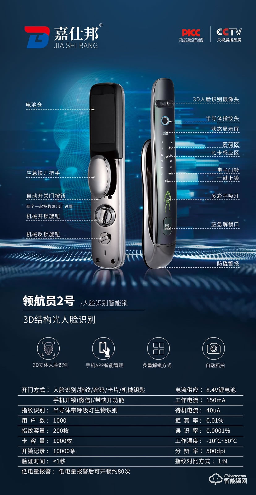 嘉仕邦人臉識別鎖領航員2號3D結構光人臉識別