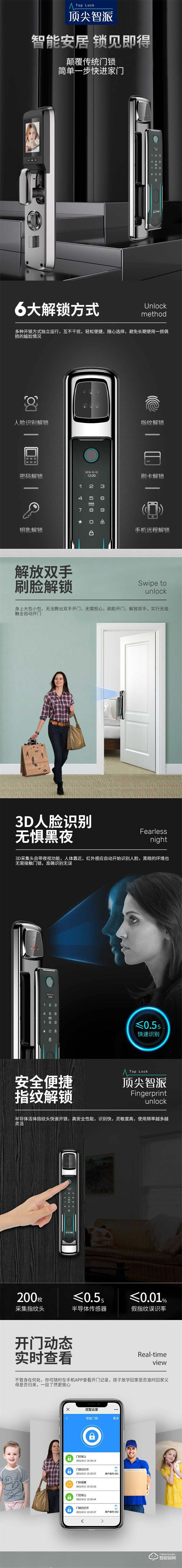 頂尖智派阿拉斯加系列 3D人臉識別智能鎖
