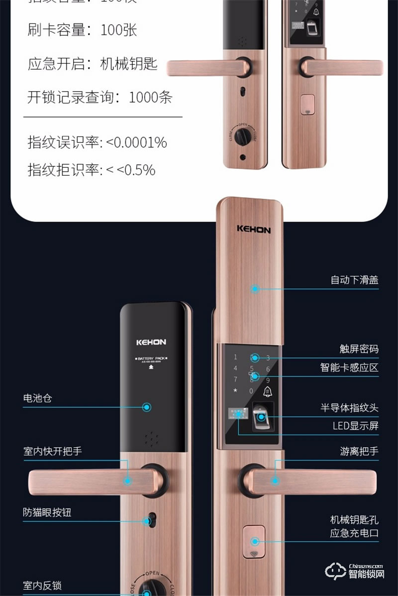 科熊智能鎖X2 滑蓋防誤觸半自動智能指紋鎖