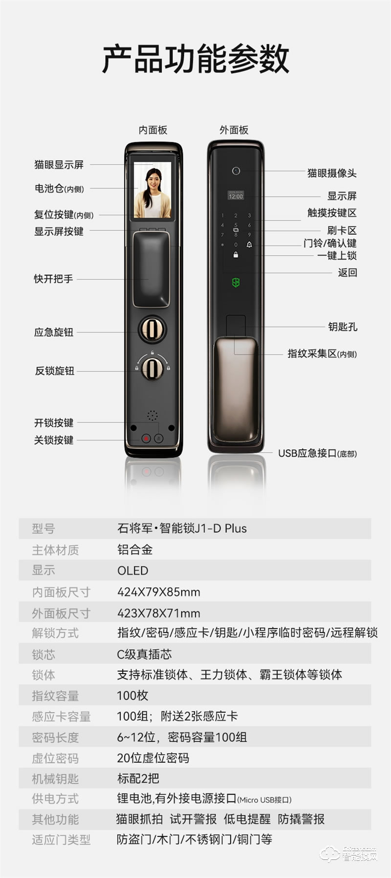 石將軍J1D-PLUS全自智能電子鎖 指紋密碼鎖家用防盜門密碼鎖