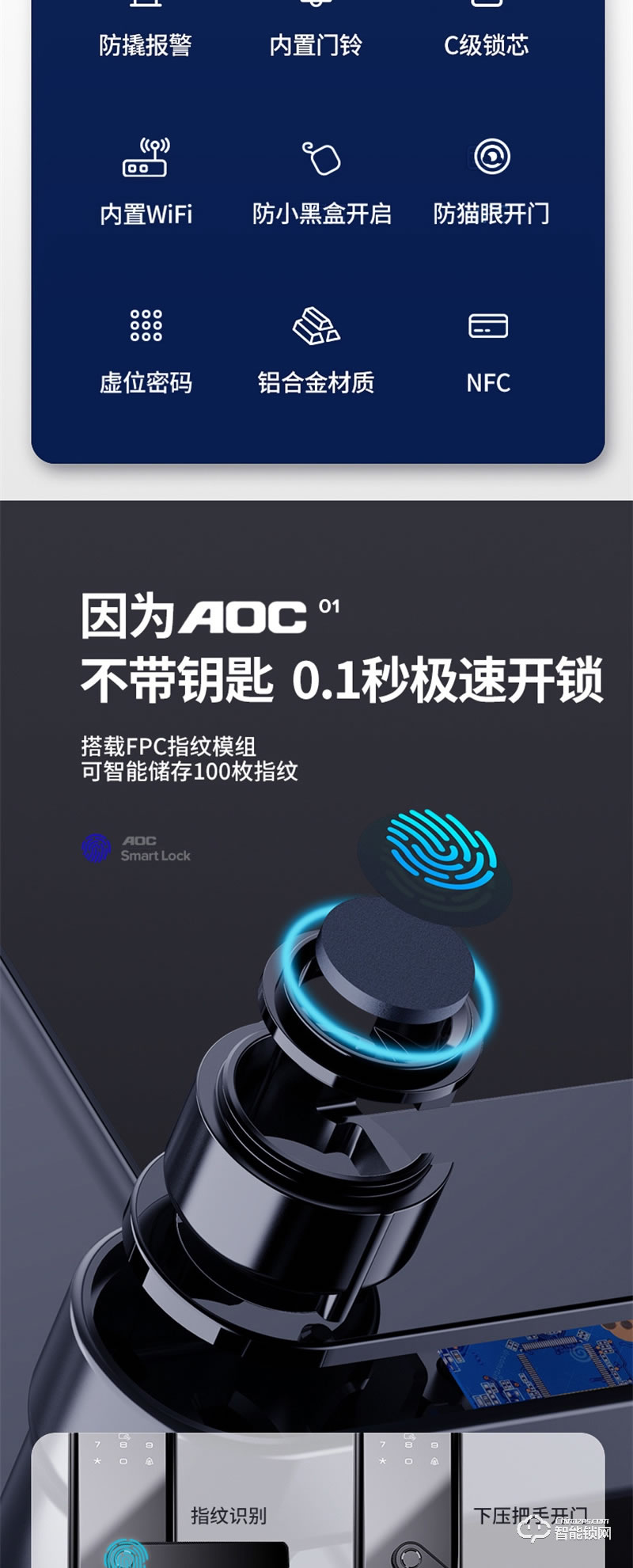 AOC智能鎖L3 家用防盜門十大品牌指紋鎖