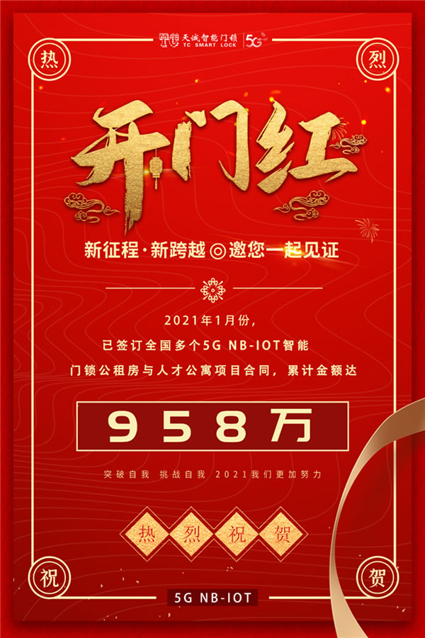 958w簽約佳績(jī)！天誠(chéng)迎2021開門紅，5G NB-IoT智能鎖市場(chǎng)這么香？