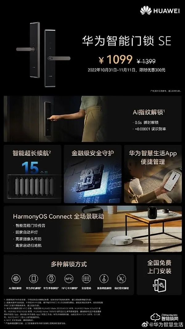 華為最便宜智能門鎖開售：Harmony OS加持 續航15個月